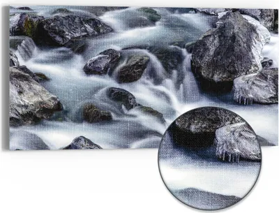 Produktbild von DEQORI Hybrid Leinwand Bild 60x30 cm 'Winterflusslauf' Wandbild Glas flach modern