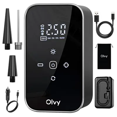 Produktbild von Olvy Elektrische Luftpumpe mit Powerbank 6000 mAh – 12V Mini Kompressor für Auto, Fahrrad, Bälle, Luftmatratze, Display, LED, automatische Abschaltung
