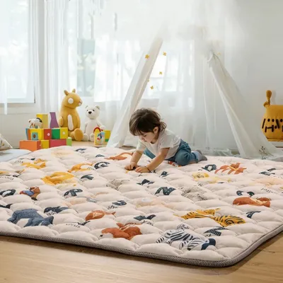 Produktbild von Faltbare Baby-Spielmatte 200×180 cm, weich & rutschfest, dicks gepolstert aus Baumwolle - Krabbelmatte für Kleinkinder, Beige, mit Tiermotiven (Beige)