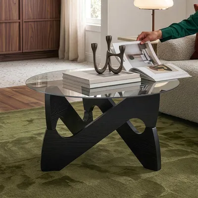 Immagine prodotto di Tavolino "Reypio" con piano in vetro, diametro 70 x 35 cm, nero/grigio