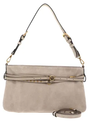 Produktbild von PINKO Umhängetasche Schultertasche Belt Bag Classic Suede Beige - Smoke Grey - Antique Gold