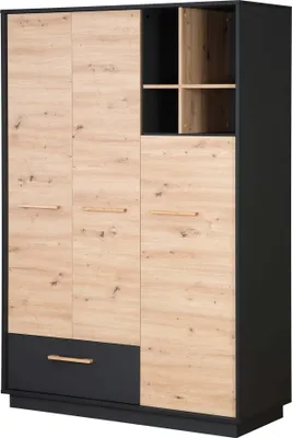 Produktbild von roba Kleiderschrank 'Lenn' 3-türig - in Anthrazit / Holzdekor 'Artisan Eiche' - Inkl. Schublade, offenem Fach & Griffen aus massiver Eiche