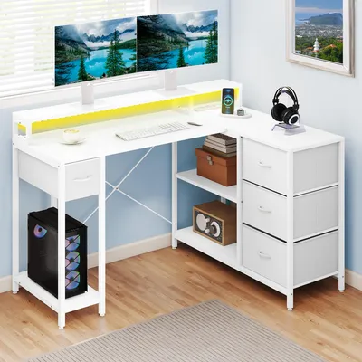 Produktbild von YITAHOME L-förmige Schreibtisch LED Eckschreibtisch Computertisch mit 4 Schubladen, Gaming Schreibtisch mit Monitorständer, 140x100 cm, Weiß