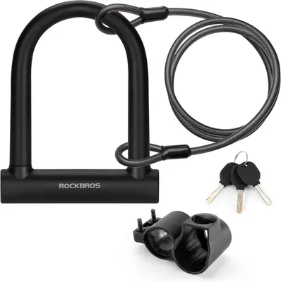 Produktbild von ROCKBROS Fahrrad Bügelschloss mit Halterung aus Hochfestem legiertem Stahl Schloss mit 2m Kabel für Fahrräder, Motorräder, E-Bikes Schwarz