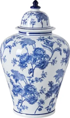 Produktbild von BELIANI Blumenvase mit Deckel Weiß u. Blau Porzellan 46 cm Hoch Groß Rund Handgemacht Chinesische Deckelvase Urnenvase Dekovase Keramikvase Bodenvase