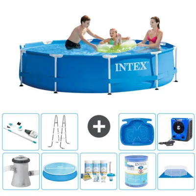 Produktbild von Intex Rundrahmen-Schwimmbecken – 305 x 76 cm – Blau – inklusive Pumpe Sonnensegel - Wartungspaket - Filter - Bodenplane - Staubsauger - Leiter