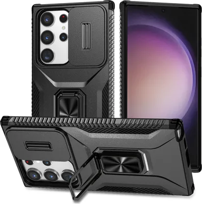 Produktbild von Handyhülle für Samsung Galaxy S23 Ultra Dual Layer Hülle mit Schiebe Kamera Schutz und Ringhalter Ständer Schwarz