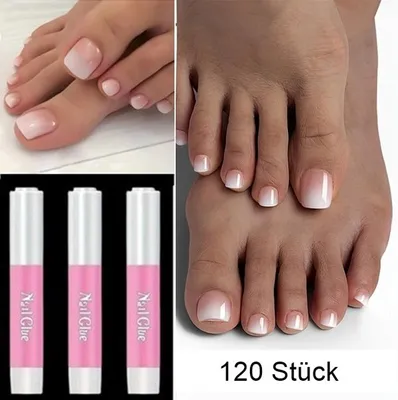 Produktbild von GKA 120 Stück Künstliche Fußnägel Zehennägel K2 kurz rosa weiß Farbverlauf Aufkleben press on Nails Klebepads mit Kleber Nagelfeile Nägel Kunstnägel