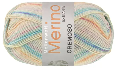 Produktbild von Lana Grossa MEILENWEIT 100 g Merino Extrafine CREMOSO 4-fach Merino-Sockenwolle 420 m Farbe 4121 - Vanille/Apricot/Rot/Helltürkis/Türkis/Violett/Rohweiß