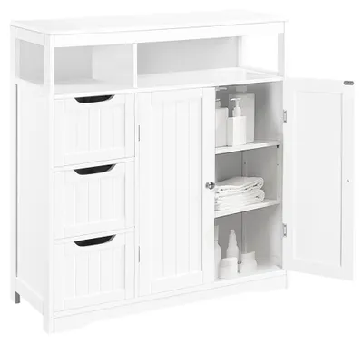 Image de Armoire de salle de bain en bois blanc, avec 3 tiroirs et 2 portes, dimensions : 80,5 x 30 x 86,5 cm