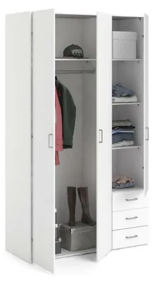 Produktbild von Kleiderschrank mit drei Türen und drei Schubladen, Farbe Weiß, Maße 115 x 200 x 49 cm