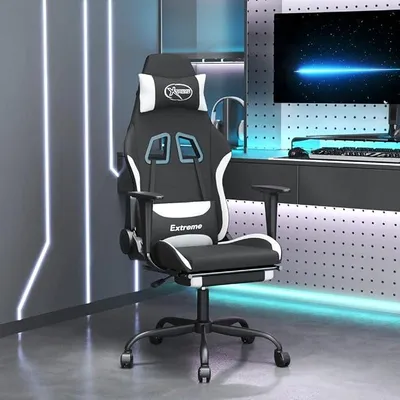 Produktbild von Gamingstuhl mit Massagefunktion und Fußstütze, Stoff Schwarz Weiß, ergonomisch höhenverstellbar mit Lendenkissen und Nackenkissen, drehbar mit Liegefunktion für Büro und Homeoffice