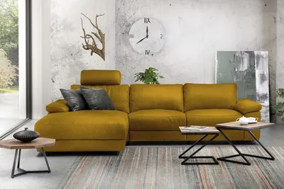 Produktbild von KAWOLA Sofa LOLA Ecksofa XL Stoff curry mit motorischer Relaxfunktion Recamiere links