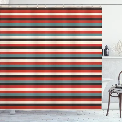 Immagine prodotto di ABAKUHAUS Tenda da doccia a righe, "motivo vintage retrò geometrico anni '60 in rosso, nero, blu-verde e beige", 175 x 200 cm, multicolore