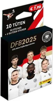 Produktbild von Panini DFB 2025 - 125 Jahre Fußballgeschichte | Eco-Blister 2 mit 10 Tüten + 1 Special Sticker + Heartforcards® Versandschutz