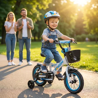 Produktbild von Actionbikes Kinderfahrrad Donaldo 12 Zoll | Kinder Fahrrad - V-Brake Bremsen - Kettenschutz - Fahrradständer - Fahrradkorb - 2-5 Jahre (Blau/Weiß)