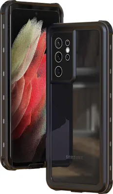 A black protective case for a Samsung Galaxy S21 Ultra 5G phone, shown from a diagonal angle.
