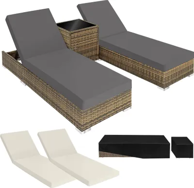 Image de 2 chaises longues en rotin avec structure en aluminium et table, housse de protection incluse - marron naturel