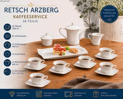 Produktbild von Retsch Arzberg Kaffeeservice 16-teilig – 6 Tassen 200ml, Kaffeekanne, Milchkännchen, Zuckerdose & Servierplatte