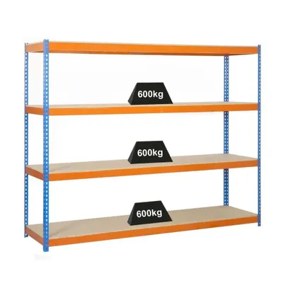 Produktbild von PROREGAL Schwerlastregal WOOD BEAST FOUR | HxBxT 200x180x75cm | 4 Ebenen | Fachlast 600kg | Blau-Orange | Weitspannregal Werkstattregal Lagerregal Kellerregal Gargenregal