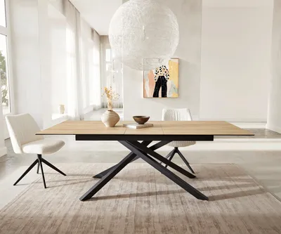 Produktbild von DELIFE Esstisch Edge 180-220x100 Keramik Laminam® Sabbia Eichefarbig Kreuzgestell Rechteck Schwarz ausziehbar