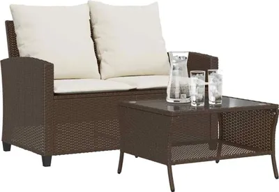Produktbild von vidaXL Gartensofa 2-Sitzer mit Kissen & Tisch Braun Poly Rattan