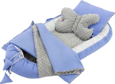 Produktbild von Joyz 5 teilig Babynestchen Set Wal mit Blauem Minky, 90x50 cm, Baumwolle, mit Kuscheldecke, Kissen und herausnehmbarer Einlage