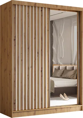 Produktbild von Masseno Schiebetürenschrank LAMELLO 160 cm Kleiderschrank Schlafzimmer Schrank 2-türig mit Spiegel und Lamellen Eiche Artisan
