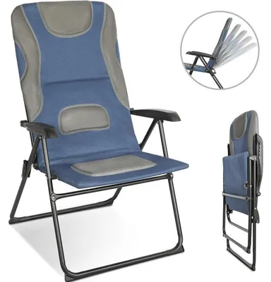 Produktbild von Campingstuhl Hochlehner klappbar – Gepolsterter Gartenstuhl mit 5-fach verstellbarer Rückenlehne, Aluminiumrahmen, bis 150 kg belastbar blau-grau