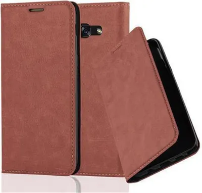 A brown flip case for a smartphone is shown.