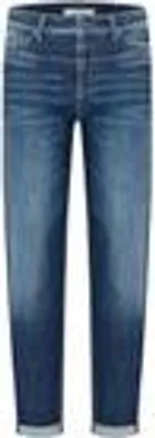 A pair of blue denim jeans shown from the front.