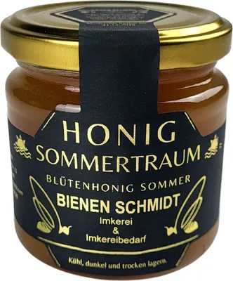 Immagine prodotto di Miele tedesco originale "Sommertraum" (Miele di fiori estivi) 250 g in barattolo, proveniente dall'Alta Franconia (Baviera settentrionale). Miele puro e naturale