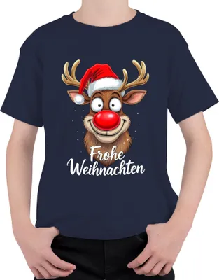 Produktbild von Frohe Weihnachten Lustiges Rentier Rudolf Weihnachtsmütze Cartoon Uni Kinder T-Shirt, Navy, 128