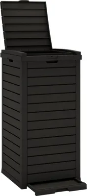 A black outdoor trash can with its lid open, shown against a white background.