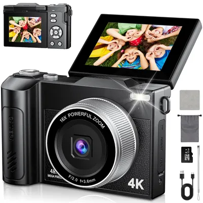 Produktbild von Digitalkamera 4K 48MP Autofokus Fotokamera 16X Digitalzoom Fotoapparat mit 180° Klappbarer Bildschirm Kompaktkamera mit 32GB Karte für Teens Anfänger Erwachsene (Weiß) (Schwarz)