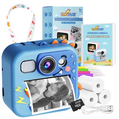 Productafbeelding van TinyPlay Kindercamera met foto printer - Siliconen Hoes - 48MP - Digitale Camera Kinderen - 32GB SD kaart - blauw