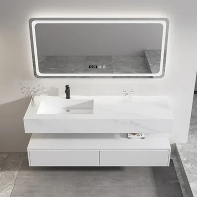 Zdjęcie produktu dla Zestaw umywalki ceramicznej z szufladą, lustro LED do łazienki, białe, 150x55 cm