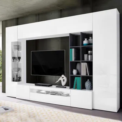 Produktbild von Wohnwand mit TV-Schrank, Vitrine und Hängeschrank in Weiß Anthrazit Egypt