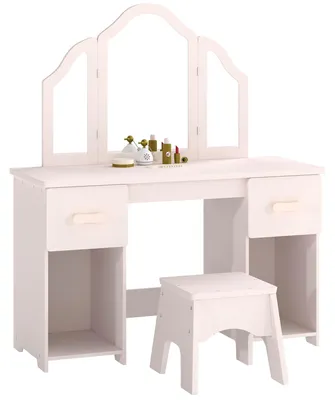 Produktbild von Schminktisch Kinder, 2 in 1 Kinderschminktisch Schreibtisch mit Hocker 2 Schubladen 2 Schränken abnehmbarem Spiegel Rosa