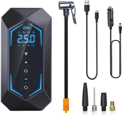 Zdjęcie produktu dla Ręczna mini sprężarka powietrza z wyświetlaczem LCD i lampką LED do samochodów, rowerów i skuterów, do 150 PSI