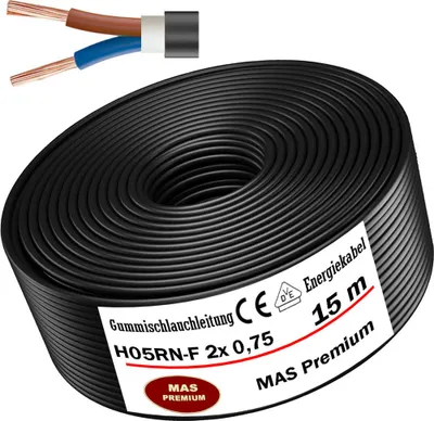 Obrázok produktu pre 15m gumový hadicový kábel staveniskový kábel H05RN-F 2x0,75 Flexibilný pre spotrebiče