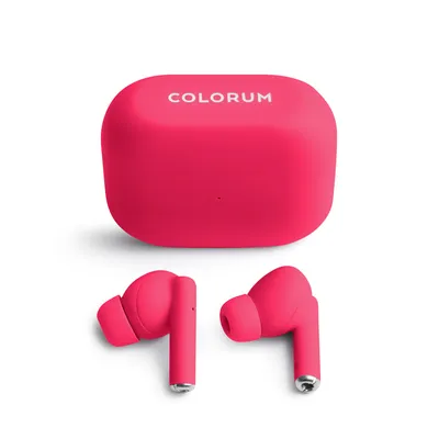 A pair of pink wireless earbuds and their charging case are displayed against a white background.