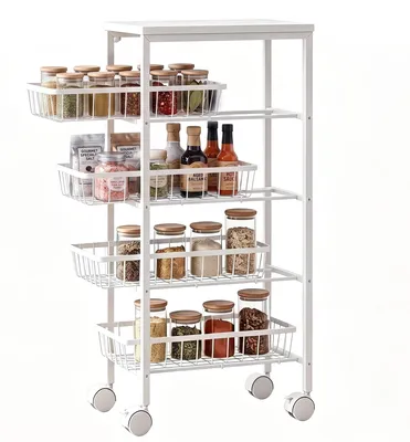Produktbild von Rollwagen - Servierwagen - 4 Herausnehmbare Körbe - Rollen - Tragkraft 15 kg - Metallrahmen - Weiß