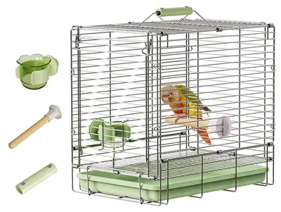 Produktbild von Faltbarer Vogel Transportkäfig Edelstahl 304 kompakt Reise 31,5×30×22cm inkl. Zubehör Sitzstange Näpfe Tragetasche für kleine Ziervögel