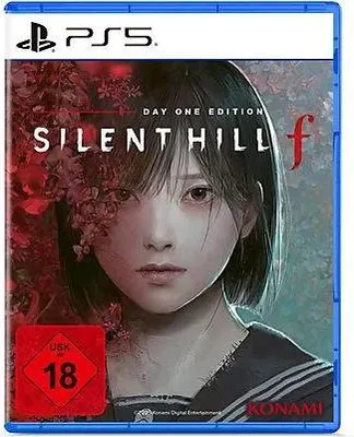 The image is a product shot of the game 'Silent Hill f' for PlayStation 5, specifically the 'Day One Edition'. It features the game's box art, which includes an illustration of a young woman and the game's title.