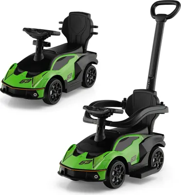 Image de COSTWAY Voiture à pousser Lamborghini, voiture à pousser 3 en 1 avec barre de poussée, espace de rangement, volant, klaxon, son du moteur, voiture à pousser pour enfants 1+Vert
