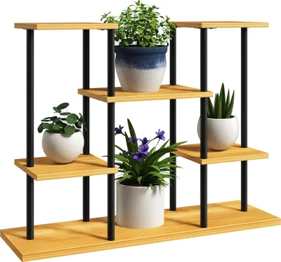Produktbild von Outsunny Pflanzenständer für den Innenbereich, 6-stufiges Pflanzenregal, Stahlrahmen mit Massivholzsockel, Pflanzenhalter für Wohnzimmer, Balkon, Garten, Naturholz