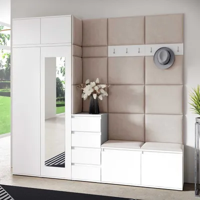 Produktbild von Garderoben-Set BERLIN – Kleiderschrank mit Polsterplatten, Schuhschrank und Schrankaufsatz 90 cm, für Flur und Eingangsbereich (Weiß, Trinity 02)