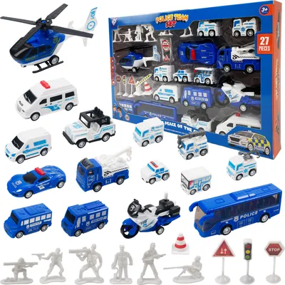 Immagine prodotto di Set macchinine della polizia 27 pezzi con personaggi e segnali stradali – auto a retrocarica per bambini, gioco di ruolo, dai 3 anni