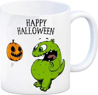 Produktbild von Kaffeebecher mit Monster und Kürbis Motiv und Spruch: Happy Halloween Tasse